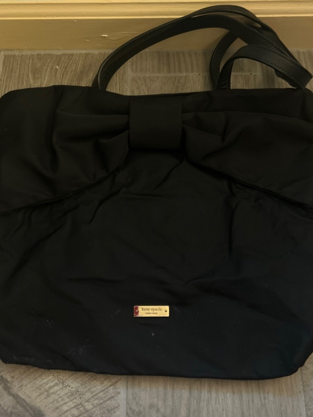 Kate Spade Black Nylon Bow Tote Shoulder Bag Gold Logo Large